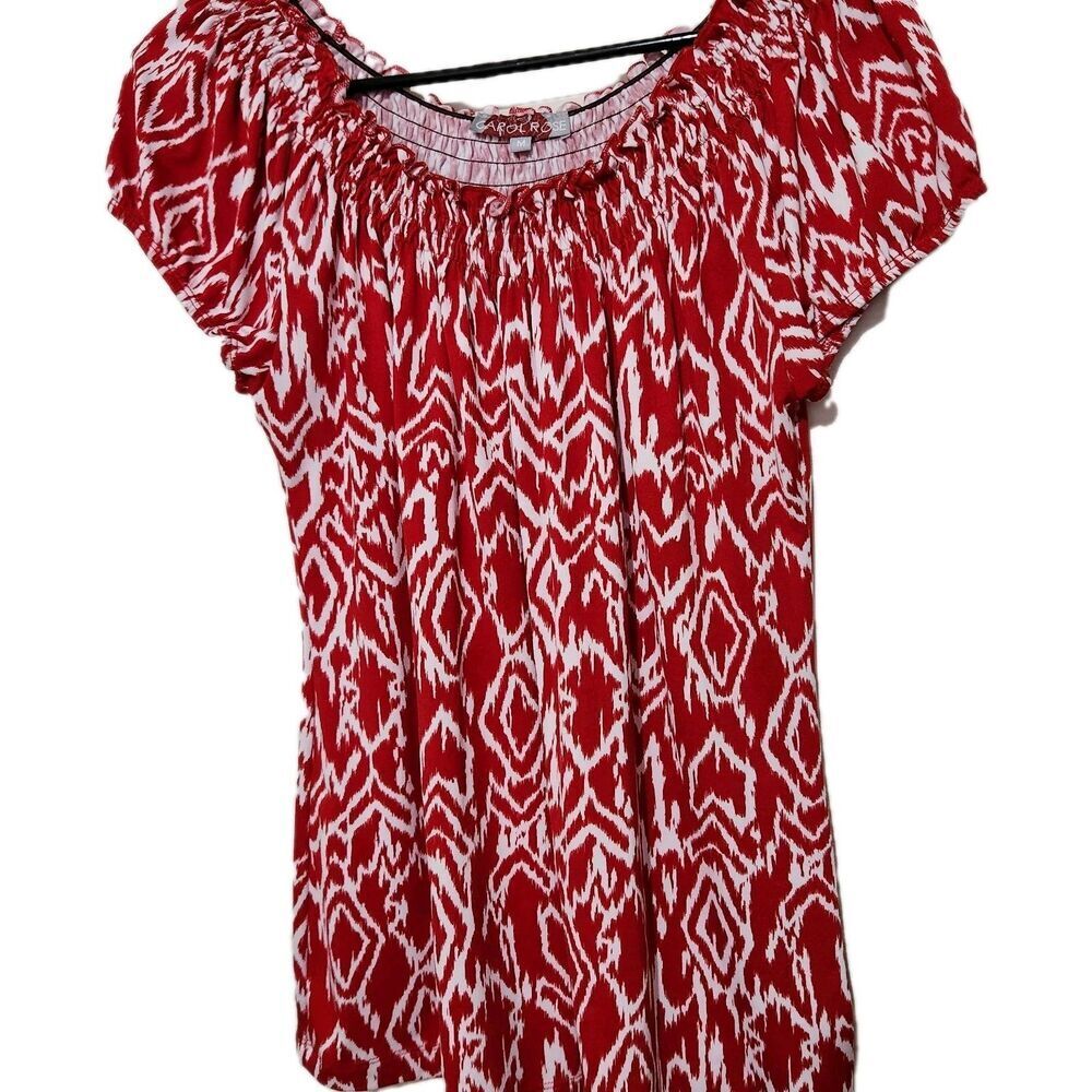 CAROL ROSE  Top Size Medium Red Short Sleeve Ruffle Wide Neck Relax Fit